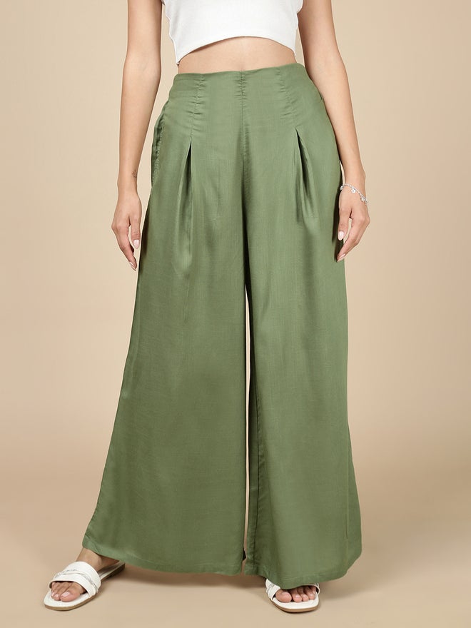 De Moza Green Wide Leg Pants with Fold Pleat - Image 2