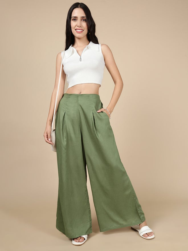 De Moza Green Wide Leg Pants with Fold Pleat - Image 1