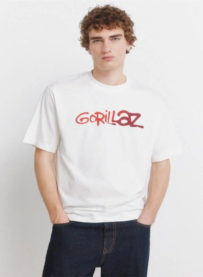 Springfield Cotton loose fit ribbed round neck short-sleeved T-shirt with Gorillaz prints on the chest and back