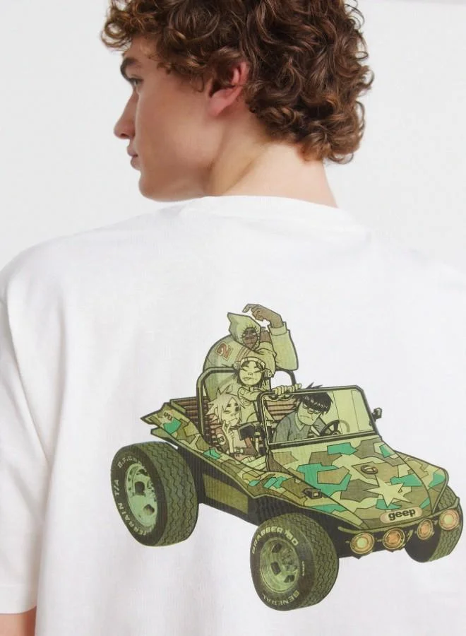 Springfield  Cotton loose fit ribbed round neck short-sleeved T-shirt with Gorillaz prints on the chest and back for Men | Best Price UAE