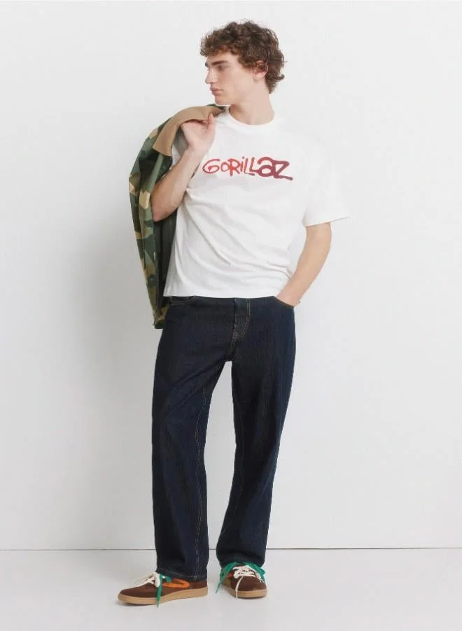 Springfield Cotton loose fit ribbed round neck short-sleeved T-shirt with Gorillaz prints on the chest and back