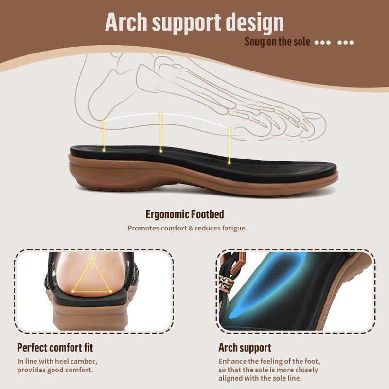 Littleplum Womens Flat Sandals Arch Support Summer Beach Sandals Comfort Walking Shoes Dress Ankle Elastic Bohemian Sandals for Women Black Size 8.5 - Image 2