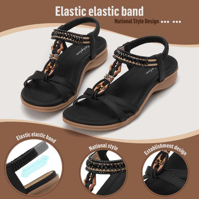 Littleplum Womens Flat Sandals Arch Support Summer Beach Sandals Comfort Walking Shoes Dress Ankle Elastic Bohemian Sandals for Women Black Size 8.5 - Image 5