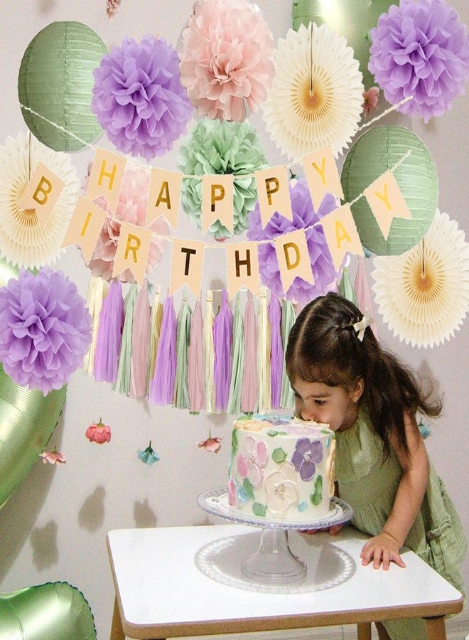 FETETIJD Purple Pink and Green Birthday Decorations Boho Pastel Sage Green Blush Pink Lilac Birthday Party Decorations for Girls Women Cream Fans Poms Sage Dusty Rose Tassel Garland with Banner Beige Gold - Image 5