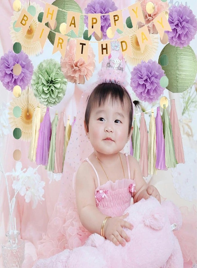 FETETIJD Purple Pink and Green Birthday Decorations Boho Pastel Sage Green Blush Pink Lilac Birthday Party Decorations for Girls Women Cream Fans Poms Sage Dusty Rose Tassel Garland with Banner Beige Gold - Image 2