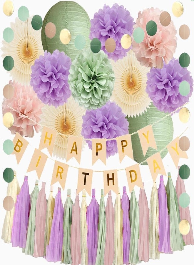 FETETIJD Purple Pink and Green Birthday Decorations Boho Pastel Sage Green Blush Pink Lilac Birthday Party Decorations for Girls Women Cream Fans Poms Sage Dusty Rose Tassel Garland with Banner Beige Gold - Image 1