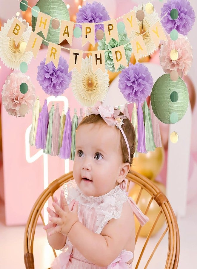 FETETIJD Purple Pink and Green Birthday Decorations Boho Pastel Sage Green Blush Pink Lilac Birthday Party Decorations for Girls Women Cream Fans Poms Sage Dusty Rose Tassel Garland with Banner Beige Gold - Image 3