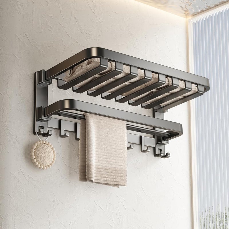 VOLPONE Bathroom Towel Rack with Double Towel Bar Foldable Towel Shelf Wall Mounted Towel Storage with Hooks No Assembly Required 24Inch Matte Grey - Image 2