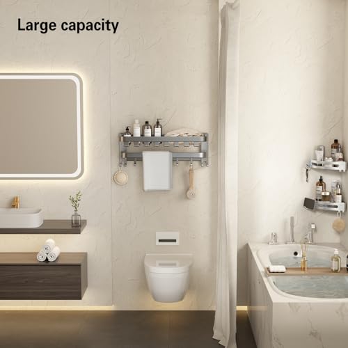 VOLPONE Bathroom Towel Rack with Double Towel Bar Foldable Towel Shelf Wall Mounted Towel Storage with Hooks No Assembly Required 24Inch Matte Grey - Image 3