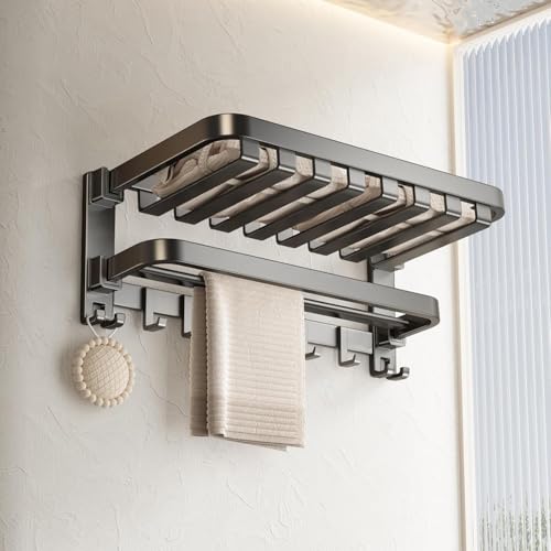 VOLPONE Bathroom Towel Rack with Double Towel Bar Foldable Towel Shelf Wall Mounted Towel Storage with Hooks No Assembly Required 24Inch Matte Grey - Image 1