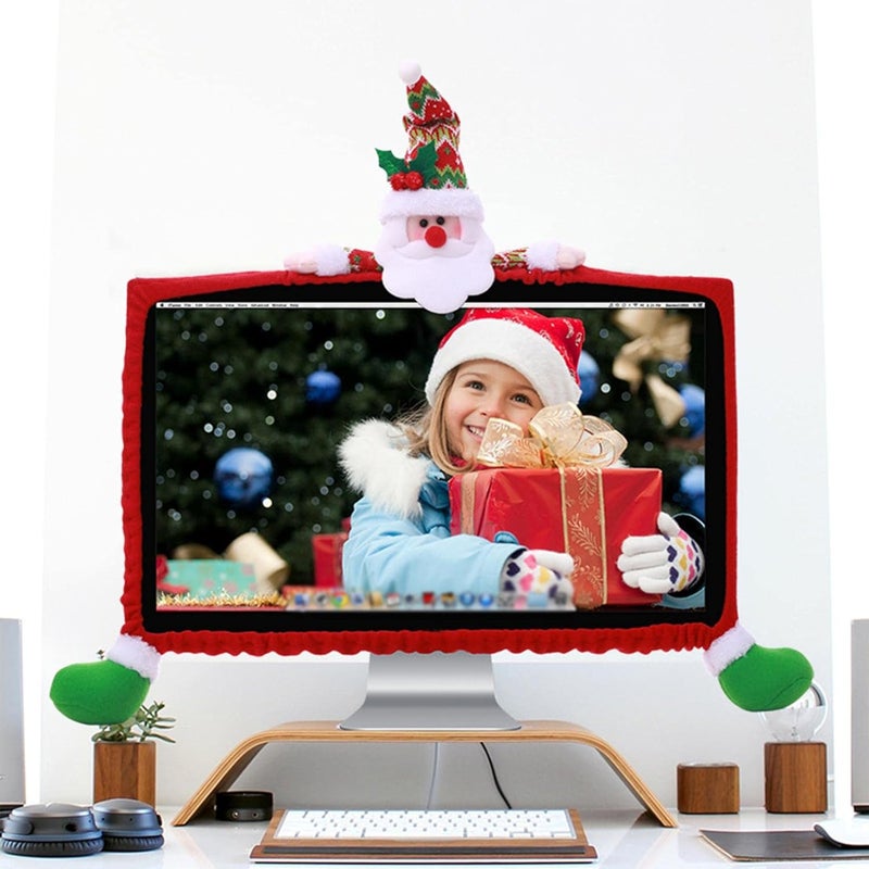 cheekyglo 1 Pack Christmas Computer Monitor Border Cover, Elastic Xmas Decorations Santa Claus/Snowman/Elk Computer Laptop Monitor Border Cover for Xmas Home Office Computer Decoration (A) - Image 1
