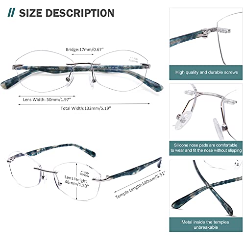 AQWANO Rimless Reading Glasses Blue Light Blocking, Women Fashion Readers Stylish Pattern Frame Anti Blue Rays Reduce Eyestrain Frameless lens, Green 1.25 - Image 4