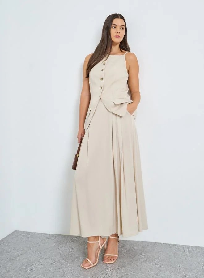 Styli Solid Pleated Detail A-Line Maxi Skirt