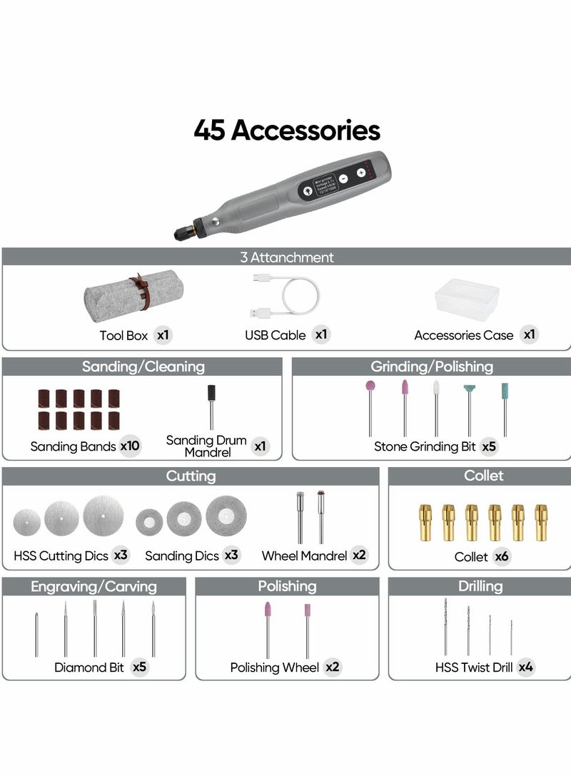 SYOSI Rotary Tool Kit, Cordless 5-Speed Variable and USB Charging Cable Mini Power Tools, 3.7V with 45pcs Accessories for Cutting, Drilling, Sanding, Engraving, Polishing & DIY Crafts (Grey)  - Image 5