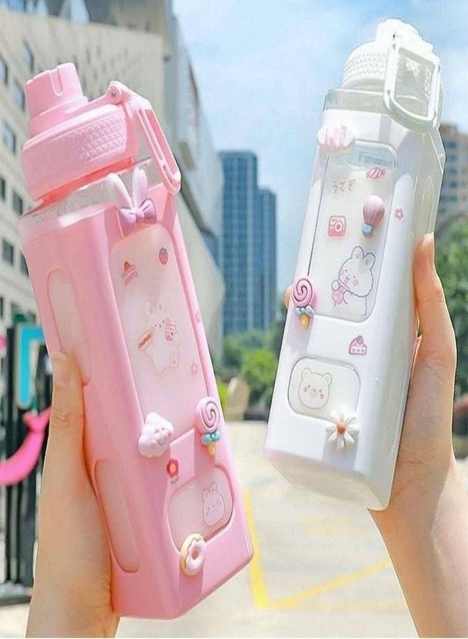 VARENYYA زجاجة مياه VARENYYA Kawaii مع ماصة، زجاجات كبيرة لطيفة، ملصقات، تصميم جمالي، مانعة للتسرب، مربعة الشكل، للشرب (700 مل / قطعة واحدة) (وردي) - Image 1