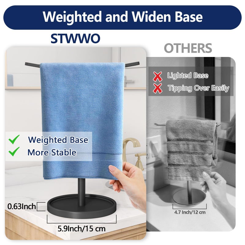 STWWO Hand Towel Holder, Stainless Steel Towel Holder Stand for Bathroom, Kitchen Countertop, T-Shaped Hand Towel Rack Stand, Black - Image 2