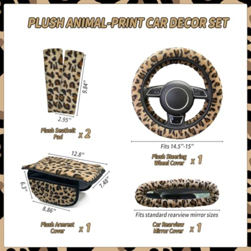 5 Pcs Fuzzy Animal Print Car Accessories Set, Soft Fluffy Plush Steering Wheel Cover, Center Console Armrest Pad and Rearview Mirror Cover - Interior Decorations for Women, Universal Fit - Image 2