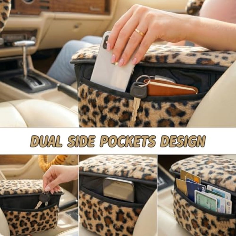 5 Pcs Fuzzy Animal Print Car Accessories Set, Soft Fluffy Plush Steering Wheel Cover, Center Console Armrest Pad and Rearview Mirror Cover - Interior Decorations for Women, Universal Fit - Image 5