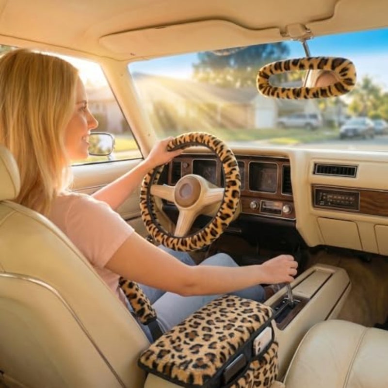 5 Pcs Fuzzy Animal Print Car Accessories Set, Soft Fluffy Plush Steering Wheel Cover, Center Console Armrest Pad and Rearview Mirror Cover - Interior Decorations for Women, Universal Fit - Image 4