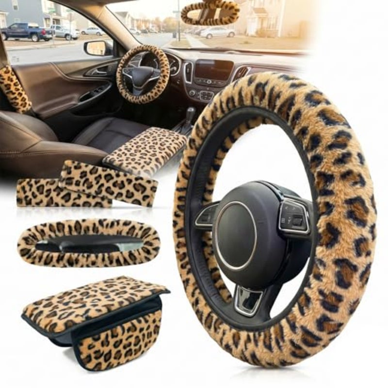 5 Pcs Fuzzy Animal Print Car Accessories Set, Soft Fluffy Plush Steering Wheel Cover, Center Console Armrest Pad and Rearview Mirror Cover - Interior Decorations for Women, Universal Fit - Image 1