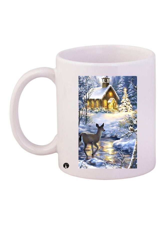 RYN Winter House Printed Coffee Mug White/Blue/Yellow 11ounce