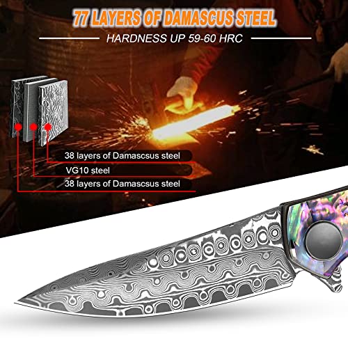AUBEY Damascus Pocket Knife for Women Men, Sharp 3.23" Damascus Steel Blade Knife with Clip, EDC Hunting Knives with Abalone Shell Handle, Gift for Camping Outdoor - Image 2