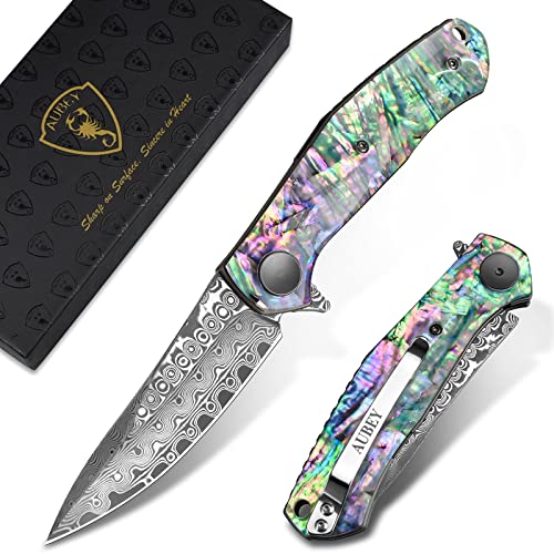 AUBEY Damascus Pocket Knife for Women Men, Sharp 3.23" Damascus Steel Blade Knife with Clip, EDC Hunting Knives with Abalone Shell Handle, Gift for Camping Outdoor - Image 1