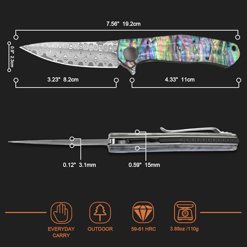AUBEY Damascus Pocket Knife for Women Men, Sharp 3.23" Damascus Steel Blade Knife with Clip, EDC Hunting Knives with Abalone Shell Handle, Gift for Camping Outdoor - Image 4