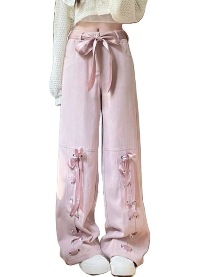 Dynict Y2K Bow Tie Jeans for Women Baggy Casual Wide Leg Pants Kawaii Straight High Waist Drawstring Pink Trousers, Pink, M - Image 1