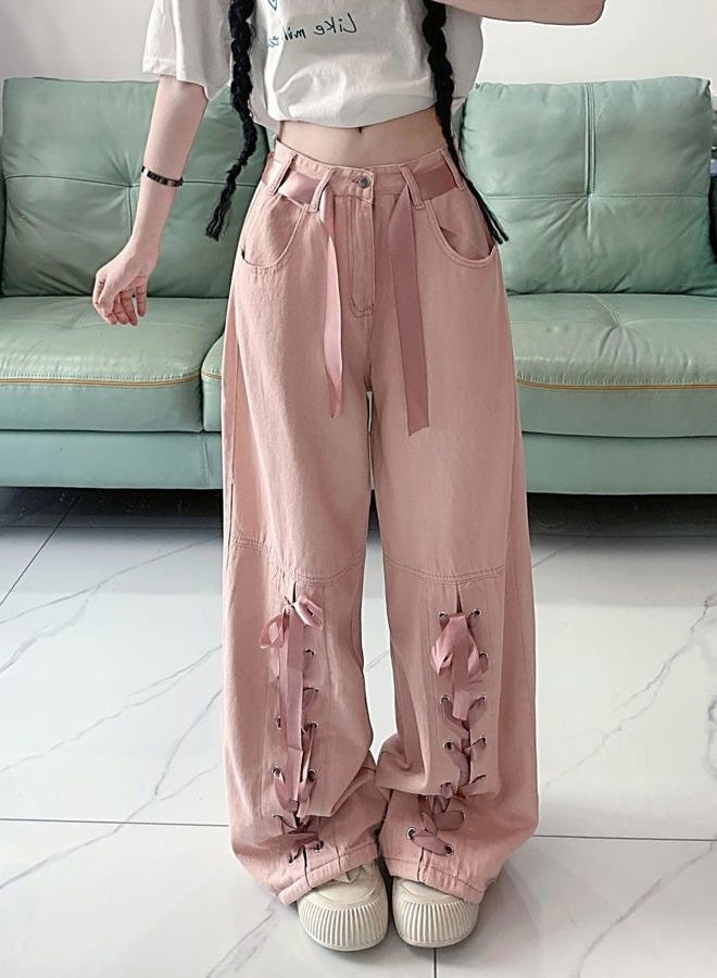 Dynict Y2K Bow Tie Jeans for Women Baggy Casual Wide Leg Pants Kawaii Straight High Waist Drawstring Pink Trousers, Pink, M - Image 5