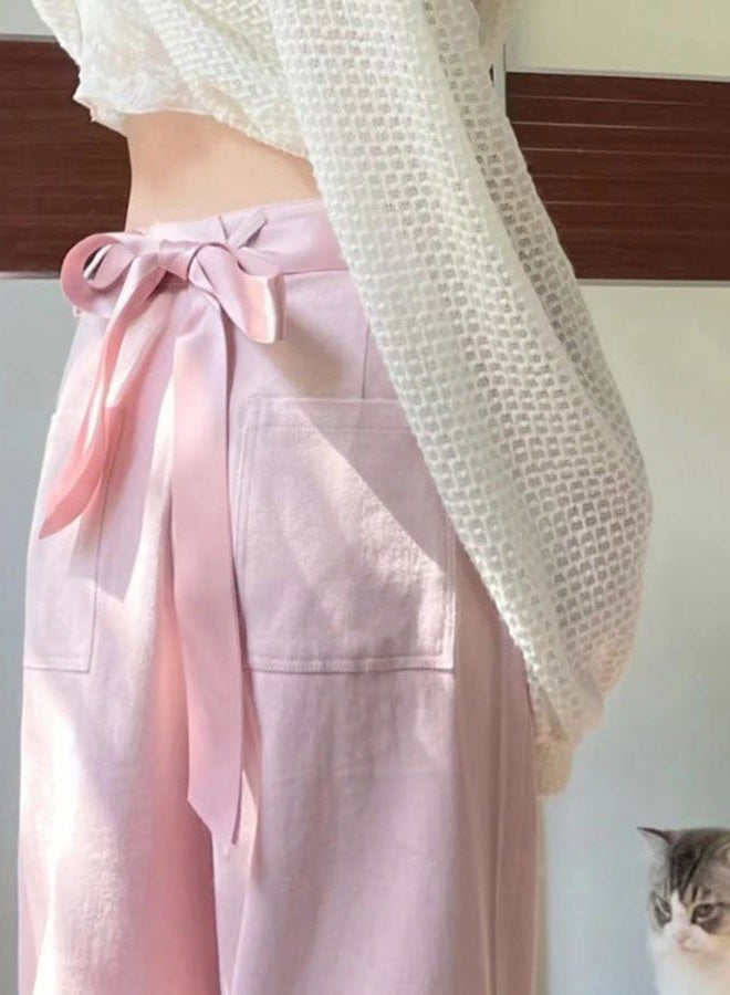 Dynict Y2K Bow Tie Jeans for Women Baggy Casual Wide Leg Pants Kawaii Straight High Waist Drawstring Pink Trousers, Pink, M - Image 2