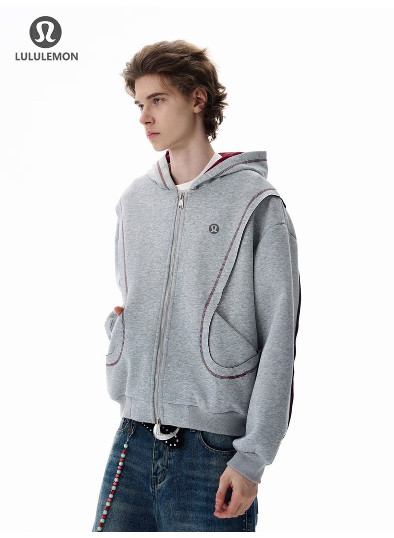 Lululemon new stitching heavy design sense niche zipper hooded sweater men's loose casual coat - Image 5
