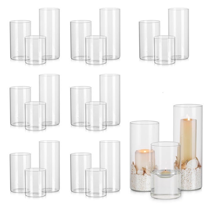 HURRICANE GLASS CANDLE HOLDER 24 PILLAR CANDLE HOLDERS FOR LIVING ROOM HOME DECORATION DECORATIVE CLEAR CYLINDER VASE FOR FLOWERS TEALIGHT FLOATING VOTIVE STICKS CANDLES CHRISTMAS DECO