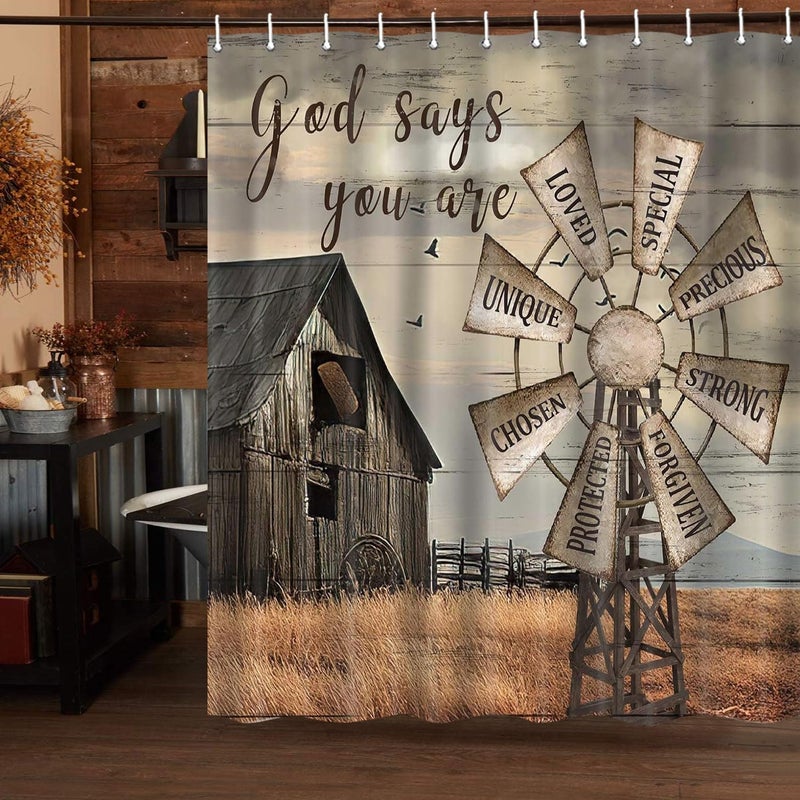 Jipusai Western Barn Windmill Shower Curtain Sets for Bathroom,Rustic Inspirational Quotes Country Vintage Shower Curtains, Waterproof Farmhouse Bathroom Bathbub Decor Curtains with Hooks 70X70IN - Image 4