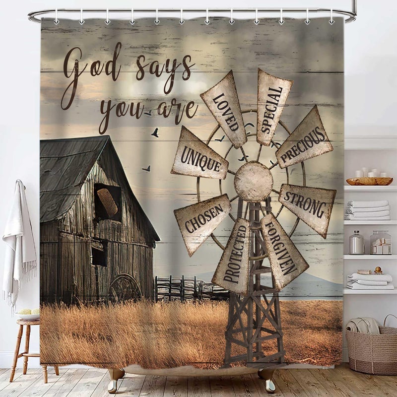 Jipusai Western Barn Windmill Shower Curtain Sets for Bathroom,Rustic Inspirational Quotes Country Vintage Shower Curtains, Waterproof Farmhouse Bathroom Bathbub Decor Curtains with Hooks 70X70IN - Image 1