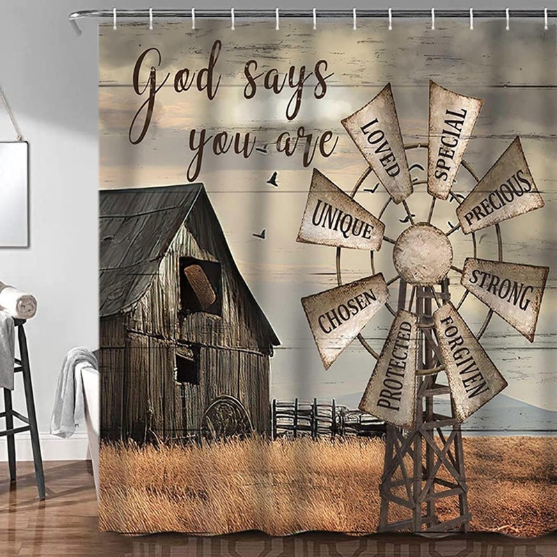 Jipusai Western Barn Windmill Shower Curtain Sets for Bathroom,Rustic Inspirational Quotes Country Vintage Shower Curtains, Waterproof Farmhouse Bathroom Bathbub Decor Curtains with Hooks 70X70IN - Image 3