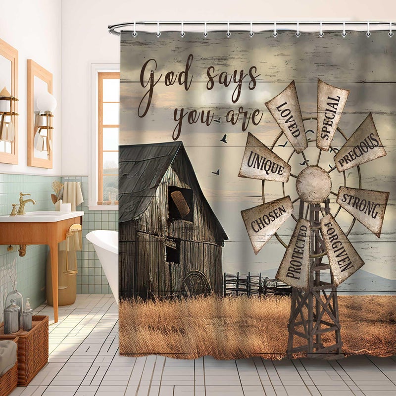 Jipusai Western Barn Windmill Shower Curtain Sets for Bathroom,Rustic Inspirational Quotes Country Vintage Shower Curtains, Waterproof Farmhouse Bathroom Bathbub Decor Curtains with Hooks 70X70IN - Image 2