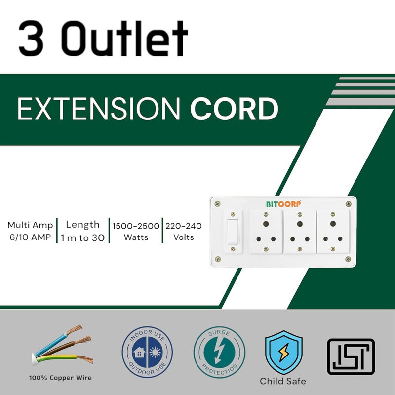 Bitcorp Extension Board Heavy Duty Junction Box 6A 3 Way Socket 1 Switch 1500W High Voltage with Thermal Protection Surge Control 10 Meter Long Cable Cord White - Image 2