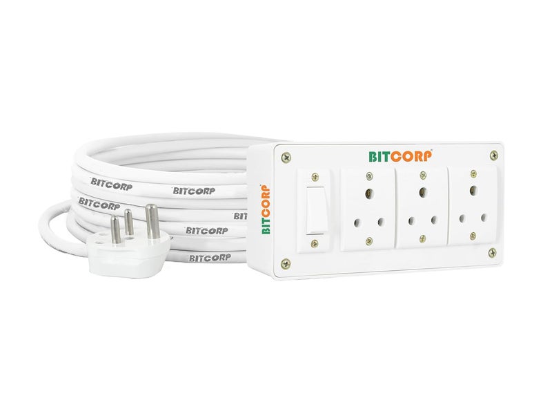 Bitcorp Extension Board Heavy Duty Junction Box 6A 3 Way Socket 1 Switch 1500W High Voltage with Thermal Protection Surge Control 10 Meter Long Cable Cord White - Image 1