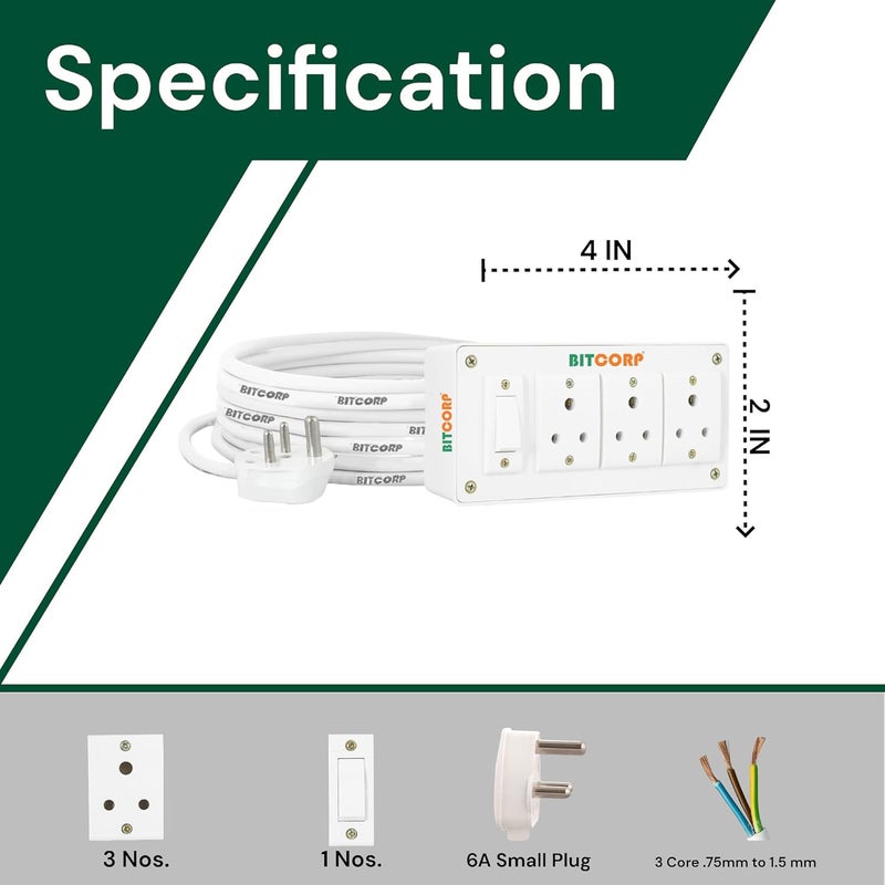 Bitcorp Extension Board Heavy Duty Junction Box 6A 3 Way Socket 1 Switch 1500W High Voltage with Thermal Protection Surge Control 10 Meter Long Cable Cord White - Image 3