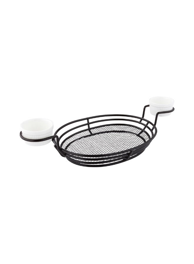 Restaurantware 13 x 6 x 2.2 Inch Restaurant Basket, 1 Oval French Fry Basket - With 2 Ramekin Holders, Reusable, Black Iron Serving Baskets, For Chicken Tenders, Hot Dogs, Wings, Or Onion Rings - Image 1