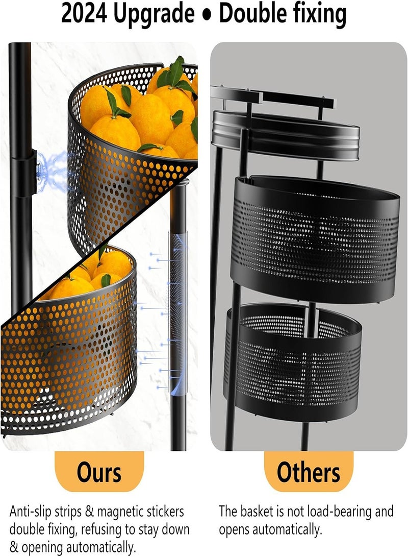 Amundo Fruit and Vegetable Basket Bowls for Kitchen,5 Tier Rotating Storage Rack Cart With Metal Top Lid,Double fixing ＆Metal Support Wheels Kitchen Storage Rack For Potato Onion Bread Banana,Black - Image 5