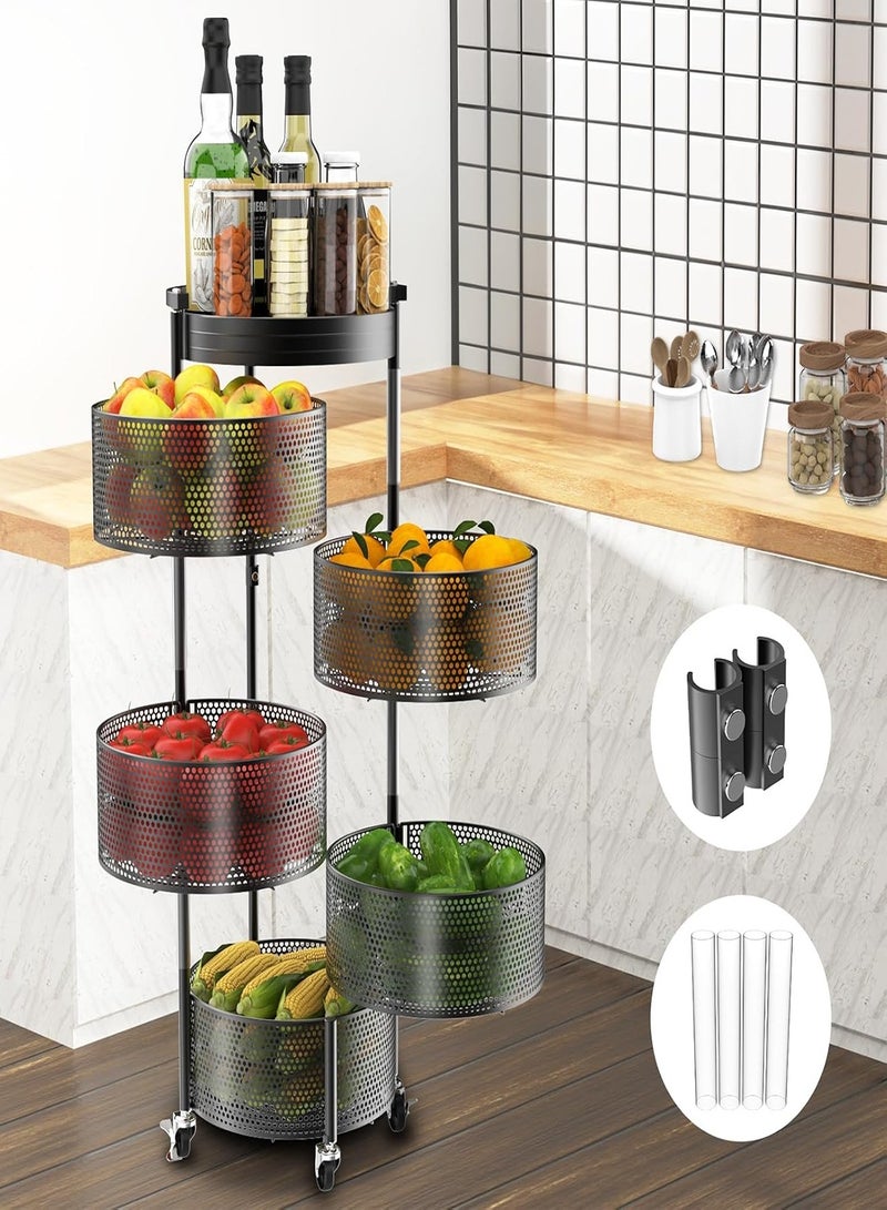 Amundo Fruit and Vegetable Basket Bowls for Kitchen,5 Tier Rotating Storage Rack Cart With Metal Top Lid,Double fixing ＆Metal Support Wheels Kitchen Storage Rack For Potato Onion Bread Banana,Black - Image 1