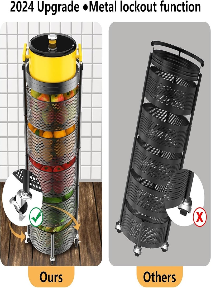Amundo Fruit and Vegetable Basket Bowls for Kitchen,5 Tier Rotating Storage Rack Cart With Metal Top Lid,Double fixing ＆Metal Support Wheels Kitchen Storage Rack For Potato Onion Bread Banana,Black - Image 3