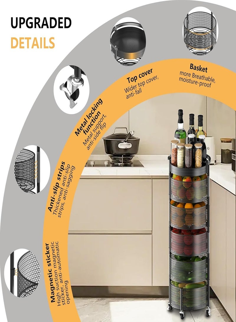 Amundo Fruit and Vegetable Basket Bowls for Kitchen,5 Tier Rotating Storage Rack Cart With Metal Top Lid,Double fixing ＆Metal Support Wheels Kitchen Storage Rack For Potato Onion Bread Banana,Black - Image 2