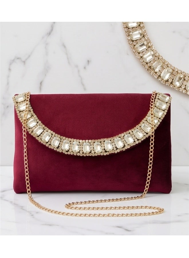 JOHN PAULS Handmade Velvet Clutch Bag for Women Burgundy Envelope Purse with Crystal Rhinestone Trim, Gold Chain Strap, Premium Quality, Perfect for Weddings, Parties & Evening Occasions - Image 3