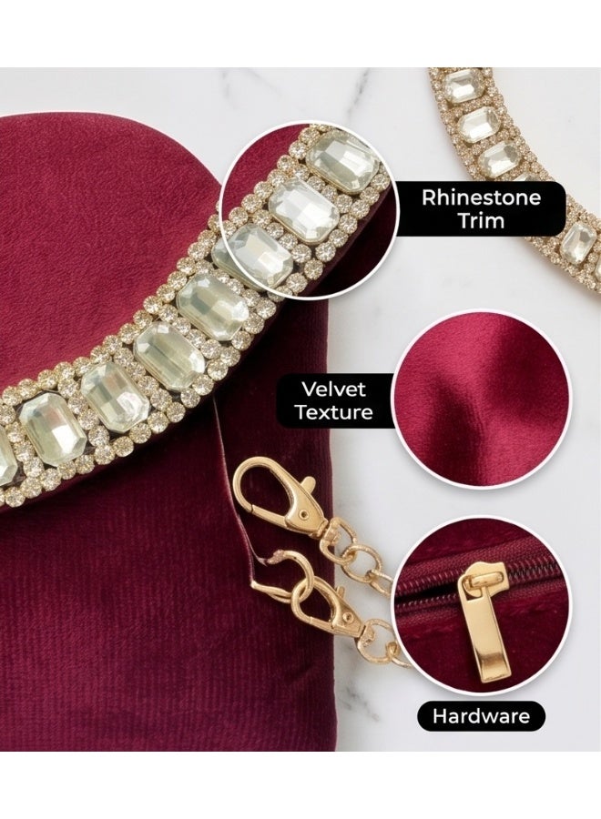JOHN PAULS Handmade Velvet Clutch Bag for Women Burgundy Envelope Purse with Crystal Rhinestone Trim, Gold Chain Strap, Premium Quality, Perfect for Weddings, Parties & Evening Occasions - Image 2