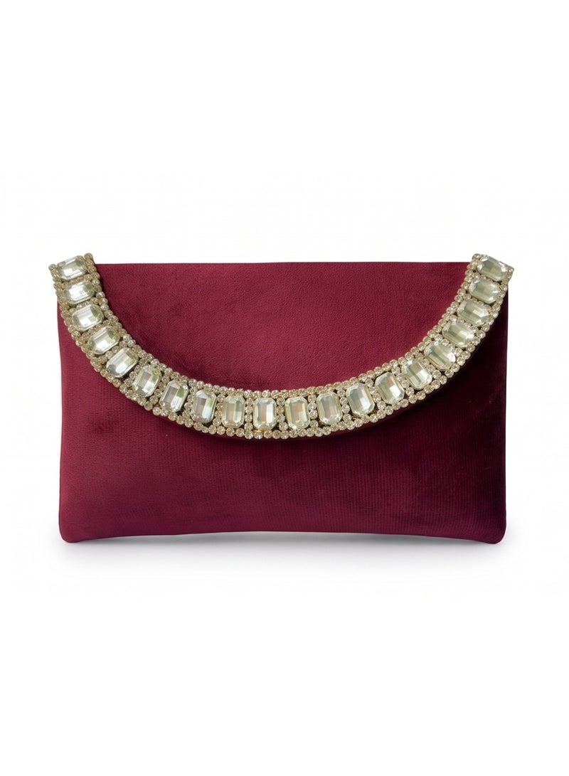 JOHN PAULS Handmade Velvet Clutch Bag for Women Burgundy Envelope Purse with Crystal Rhinestone Trim, Gold Chain Strap, Premium Quality, Perfect for Weddings, Parties & Evening Occasions - Image 1