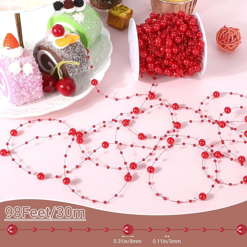 Suream 98 Feet Roll Pearls Beads, Red Pearl Strands for Christmas, Pearl Trim for Decor, Pearl Beads for Vase Filler, Centerpieces Decoration, DIY Crafts, Floating Candles - Image 2