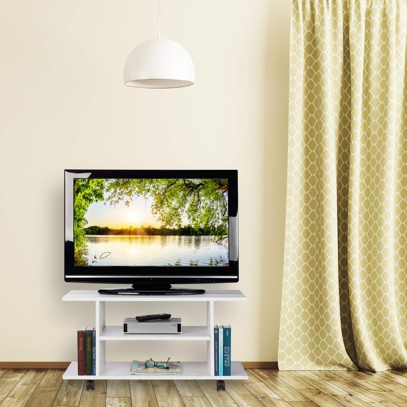 Relaxdays TV Stand with Casters, 4 Open Compartments, Mobile Coffee Table for Devices, DVDs, HWD 40 x 80 x 40 cm, White - Image 2